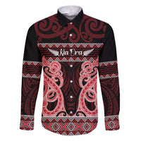 Kia Ora New Zealand Family Matching Puletasi and Hawaiian Shirt Maori Language Week Whero Taniko Motif LT14 Dad's Shirt - Long Sleeve Red - Polynesian Pride