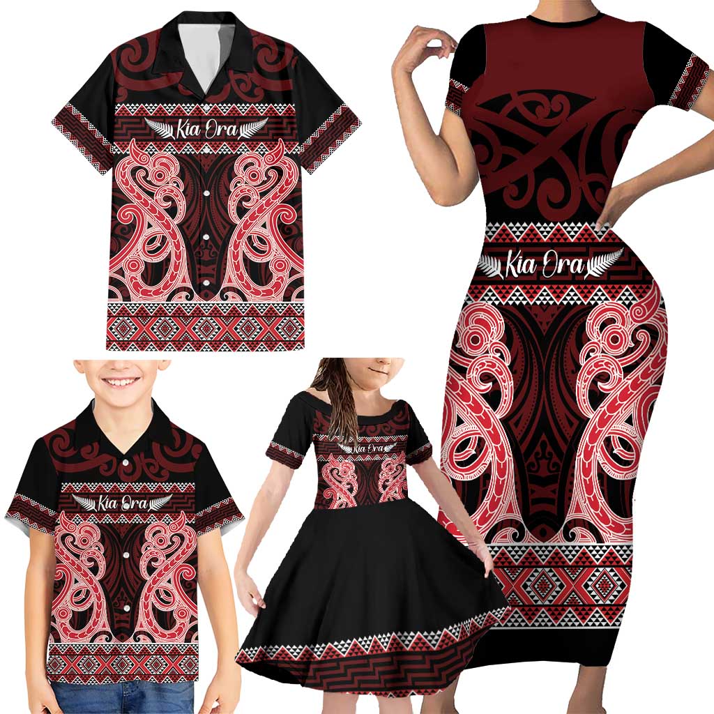 Kia Ora New Zealand Family Matching Short Sleeve Bodycon Dress and Hawaiian Shirt Maori Language Week Whero Taniko Motif LT14 - Polynesian Pride