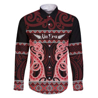 Kia Ora New Zealand Family Matching Short Sleeve Bodycon Dress and Hawaiian Shirt Maori Language Week Whero Taniko Motif LT14 Dad's Shirt - Long Sleeve Red - Polynesian Pride