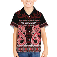 Kia Ora New Zealand Family Matching Short Sleeve Bodycon Dress and Hawaiian Shirt Maori Language Week Whero Taniko Motif LT14 Son's Shirt Red - Polynesian Pride