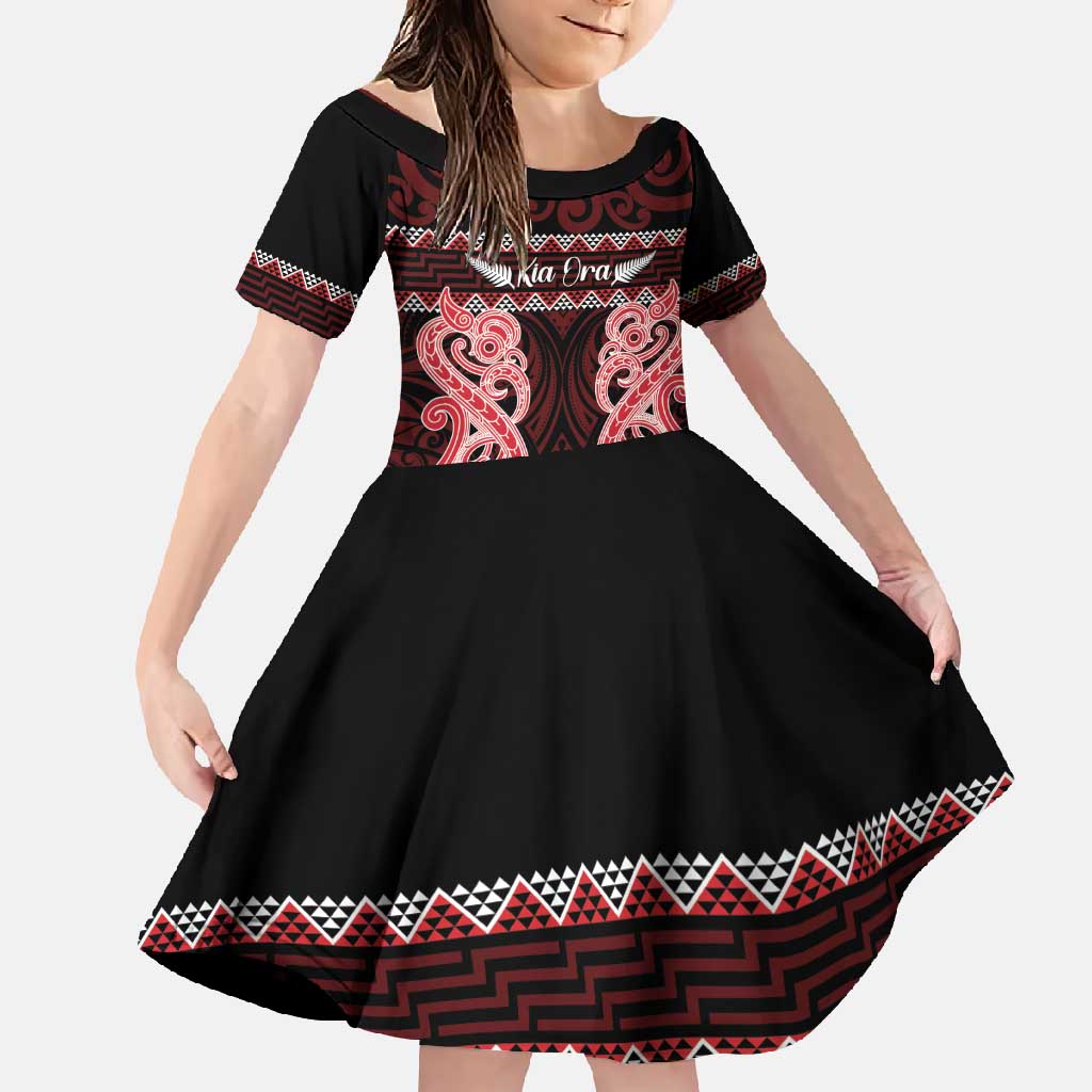 Kia Ora New Zealand Family Matching Summer Maxi Dress and Hawaiian Shirt Maori Language Week Whero Taniko Motif LT14 Daughter's Dress Red - Polynesian Pride