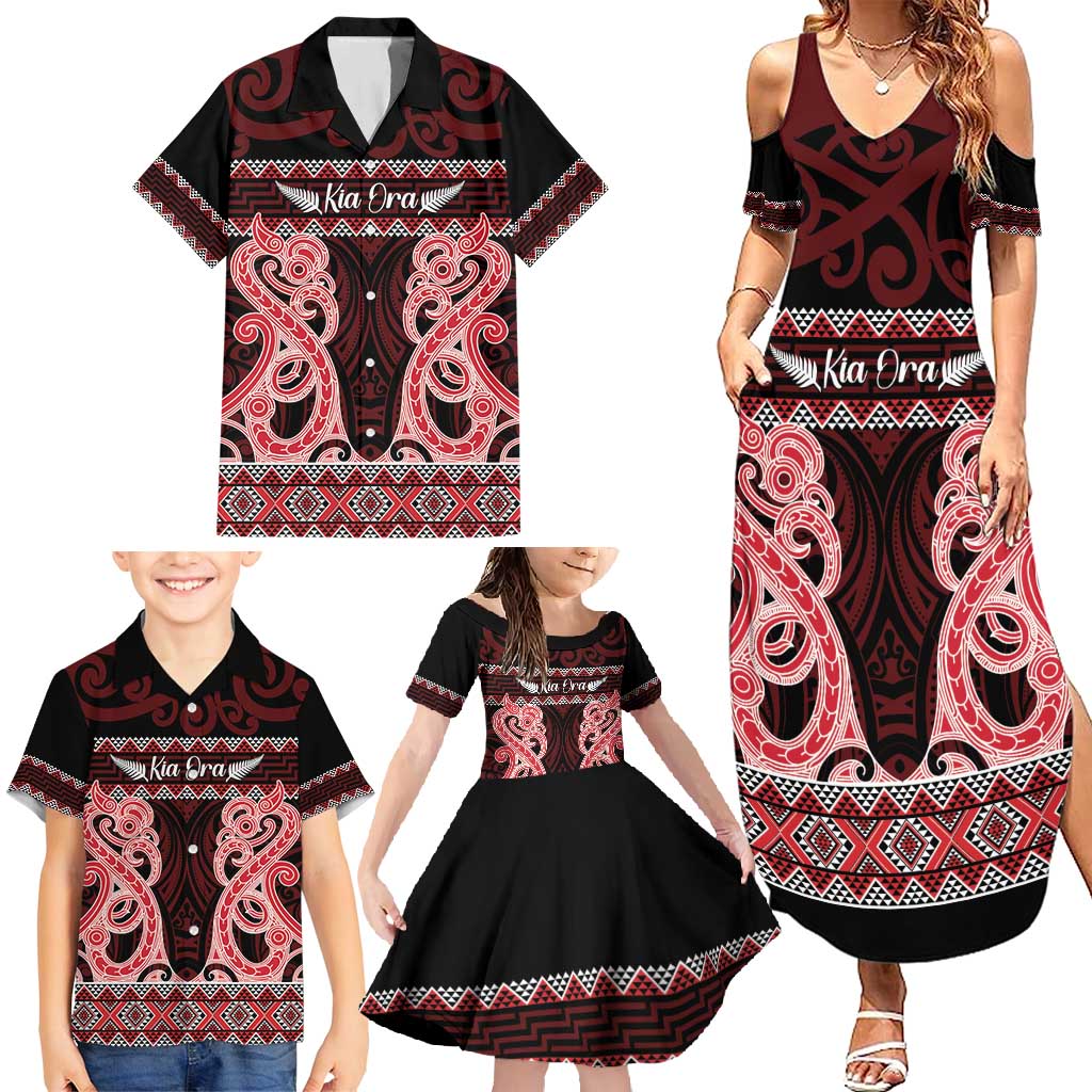 Kia Ora New Zealand Family Matching Summer Maxi Dress and Hawaiian Shirt Maori Language Week Whero Taniko Motif LT14 - Polynesian Pride