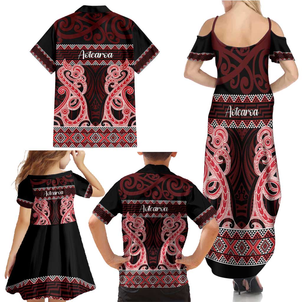 Kia Ora New Zealand Family Matching Summer Maxi Dress and Hawaiian Shirt Maori Language Week Whero Taniko Motif LT14 - Polynesian Pride