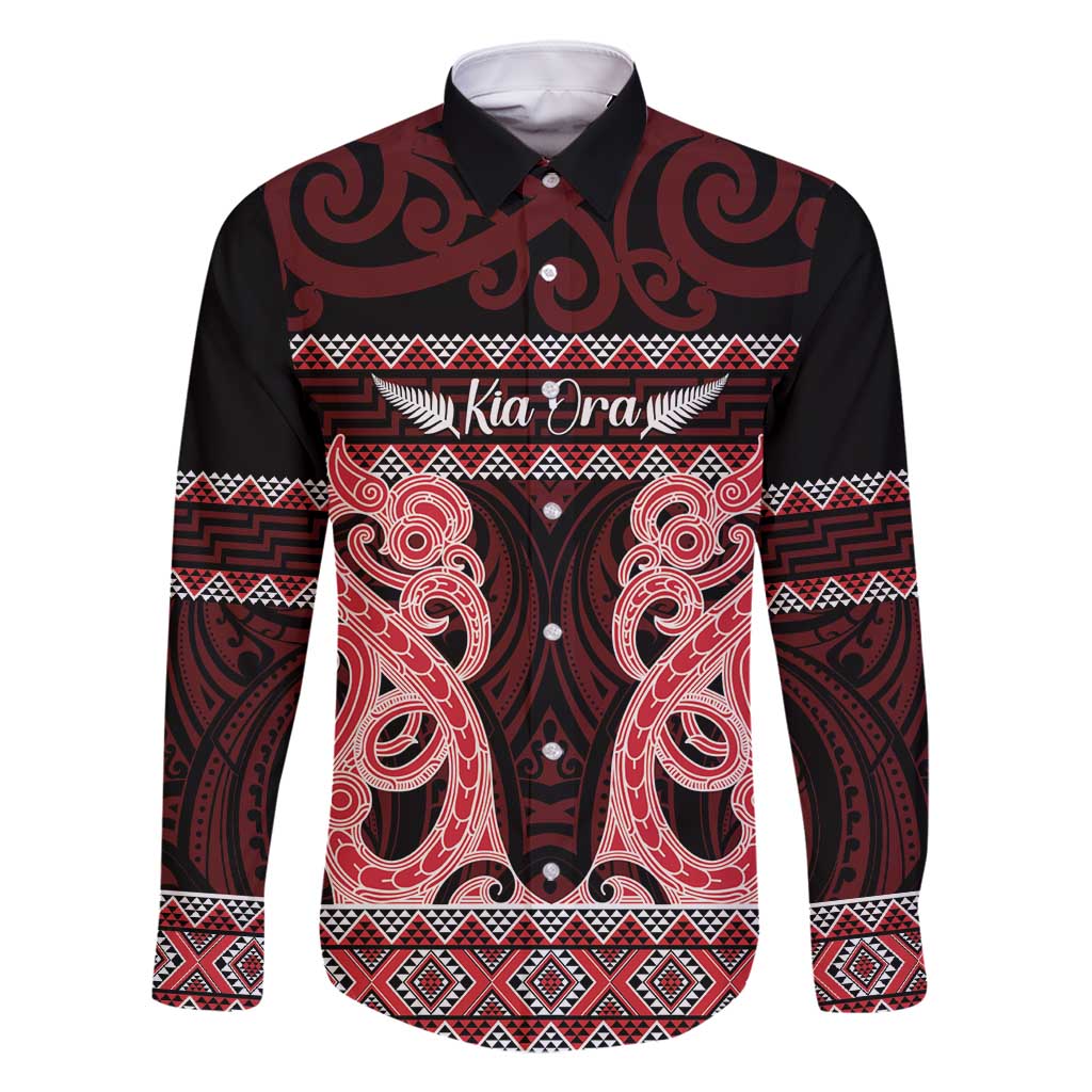 Kia Ora New Zealand Family Matching Summer Maxi Dress and Hawaiian Shirt Maori Language Week Whero Taniko Motif LT14 Dad's Shirt - Long Sleeve Red - Polynesian Pride