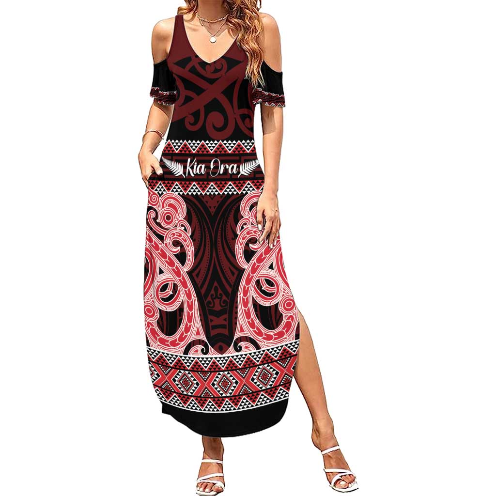 Kia Ora New Zealand Family Matching Summer Maxi Dress and Hawaiian Shirt Maori Language Week Whero Taniko Motif LT14 Mom's Dress Red - Polynesian Pride