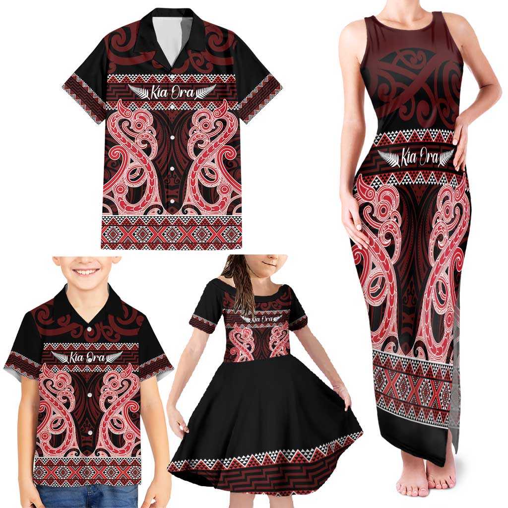 Kia Ora New Zealand Family Matching Tank Maxi Dress and Hawaiian Shirt Maori Language Week Whero Taniko Motif LT14 - Polynesian Pride