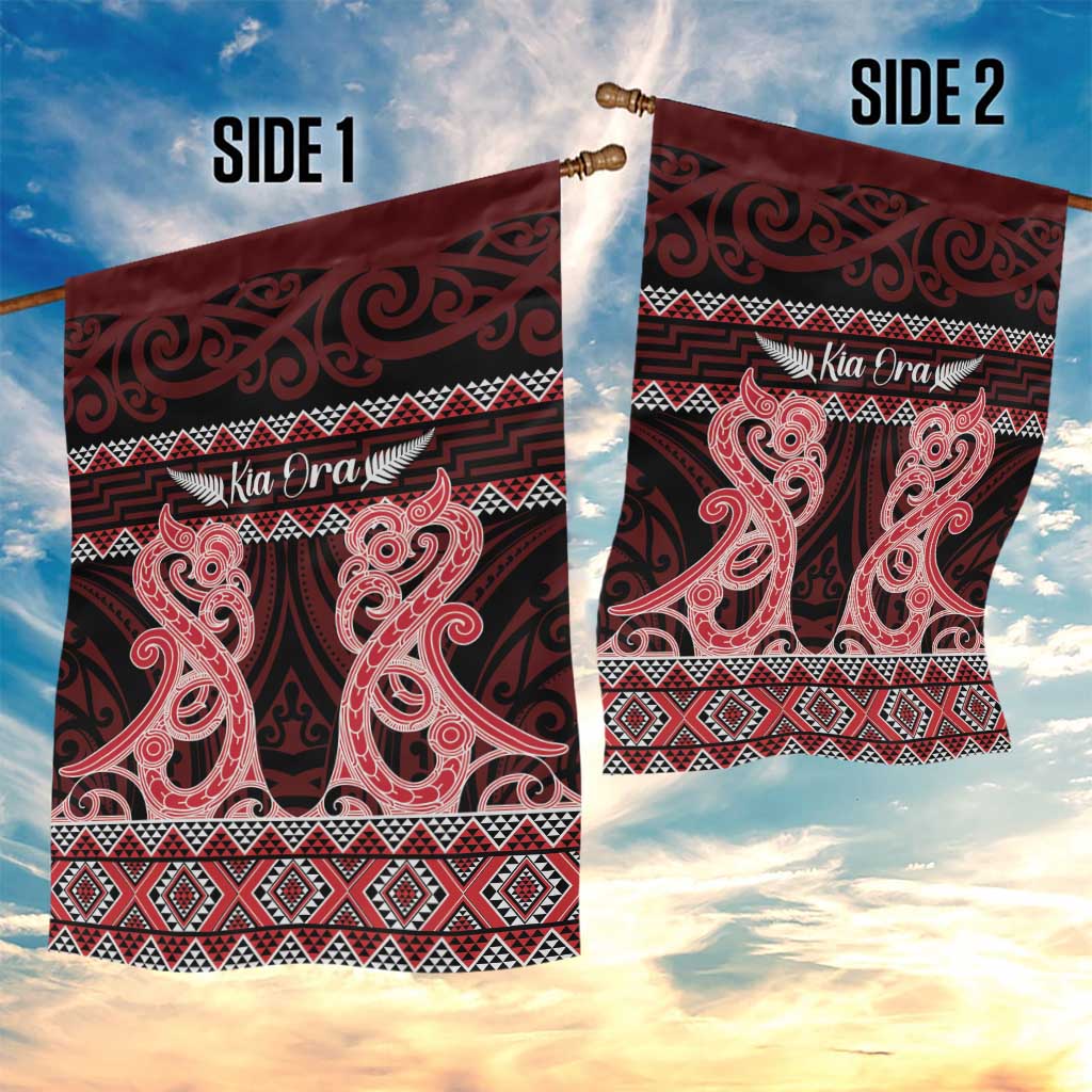 Kia Ora New Zealand Garden Flag Maori Language Week Whero Taniko Motif - Polynesian Pride