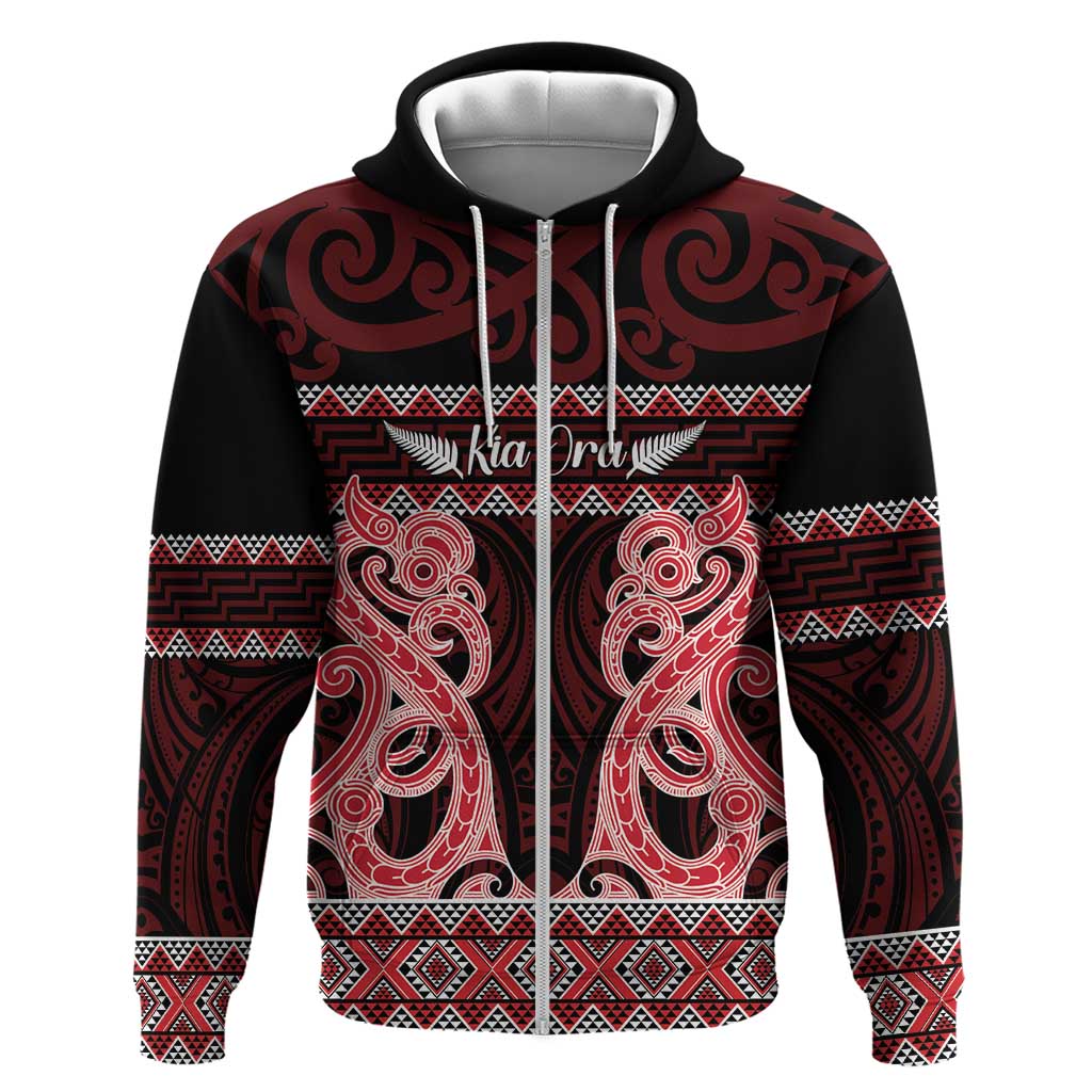 Kia Ora New Zealand Hoodie Maori Language Week Whero Taniko Motif LT14 Zip Hoodie Red - Polynesian Pride