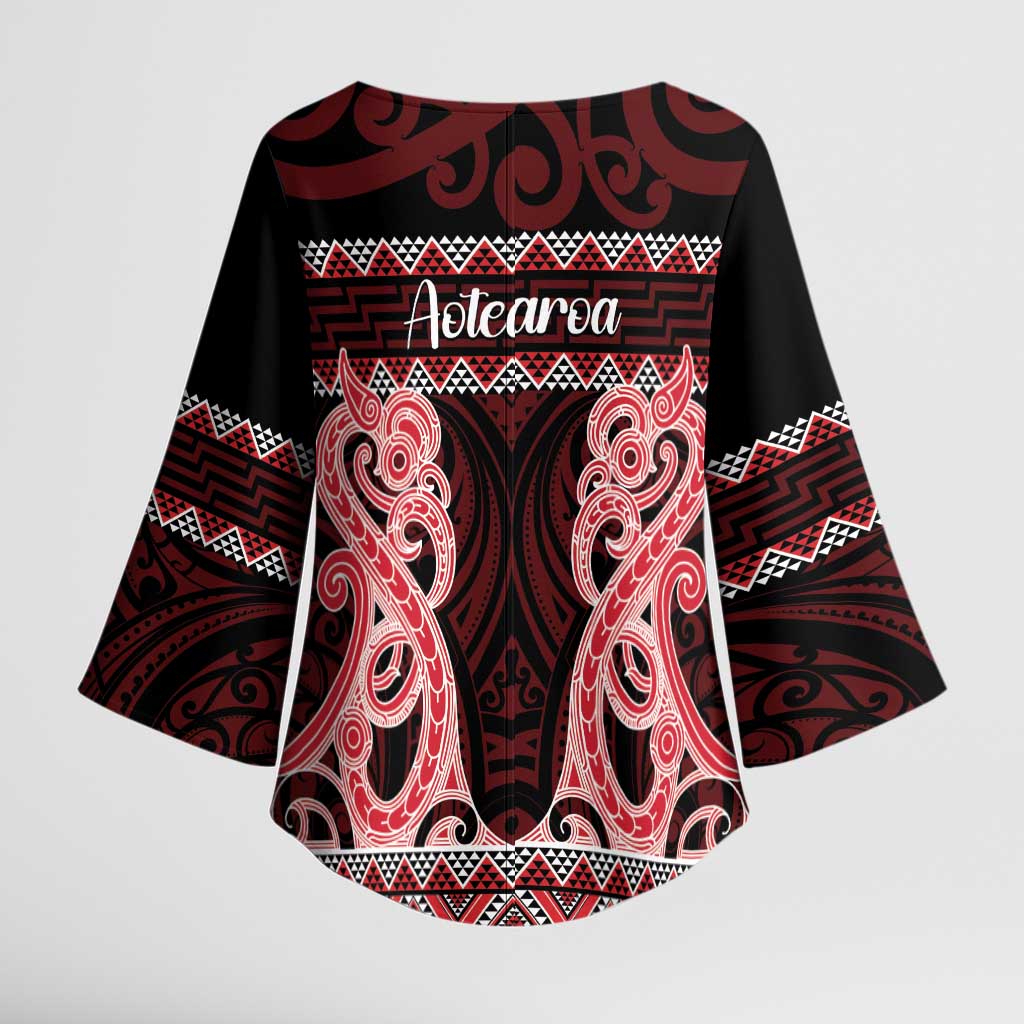 Kia Ora New Zealand Kimono Sleeve Blouse Maori Language Week Whero Taniko Motif - Polynesian Pride