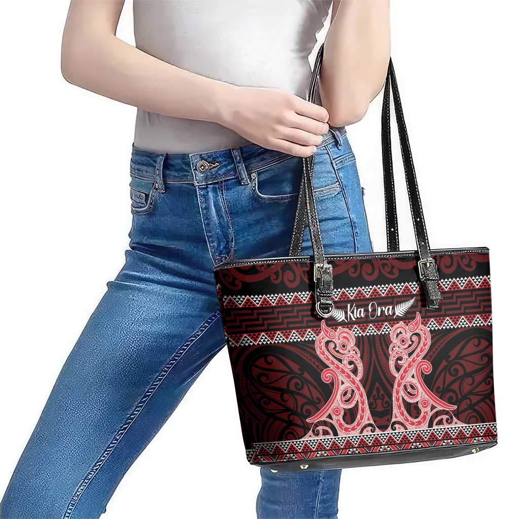 Kia Ora New Zealand Leather Tote Bag Maori Language Week Whero Taniko Motif - Polynesian Pride