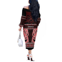 Kia Ora New Zealand Off The Shoulder Long Sleeve Dress Maori Language Week Whero Taniko Motif LT14 - Polynesian Pride
