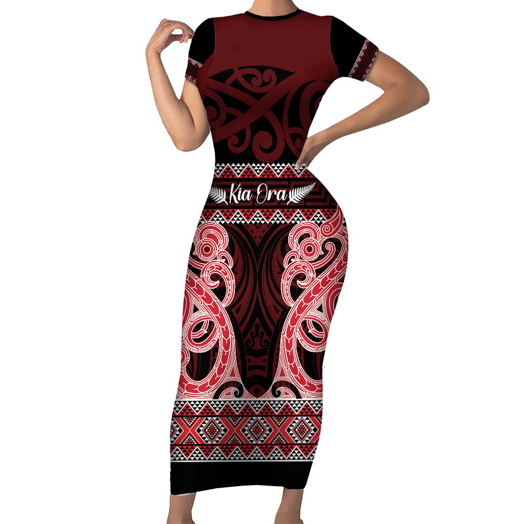 Kia Ora New Zealand Short Sleeve Bodycon Dress Maori Language Week Whero Taniko Motif - Polynesian Pride