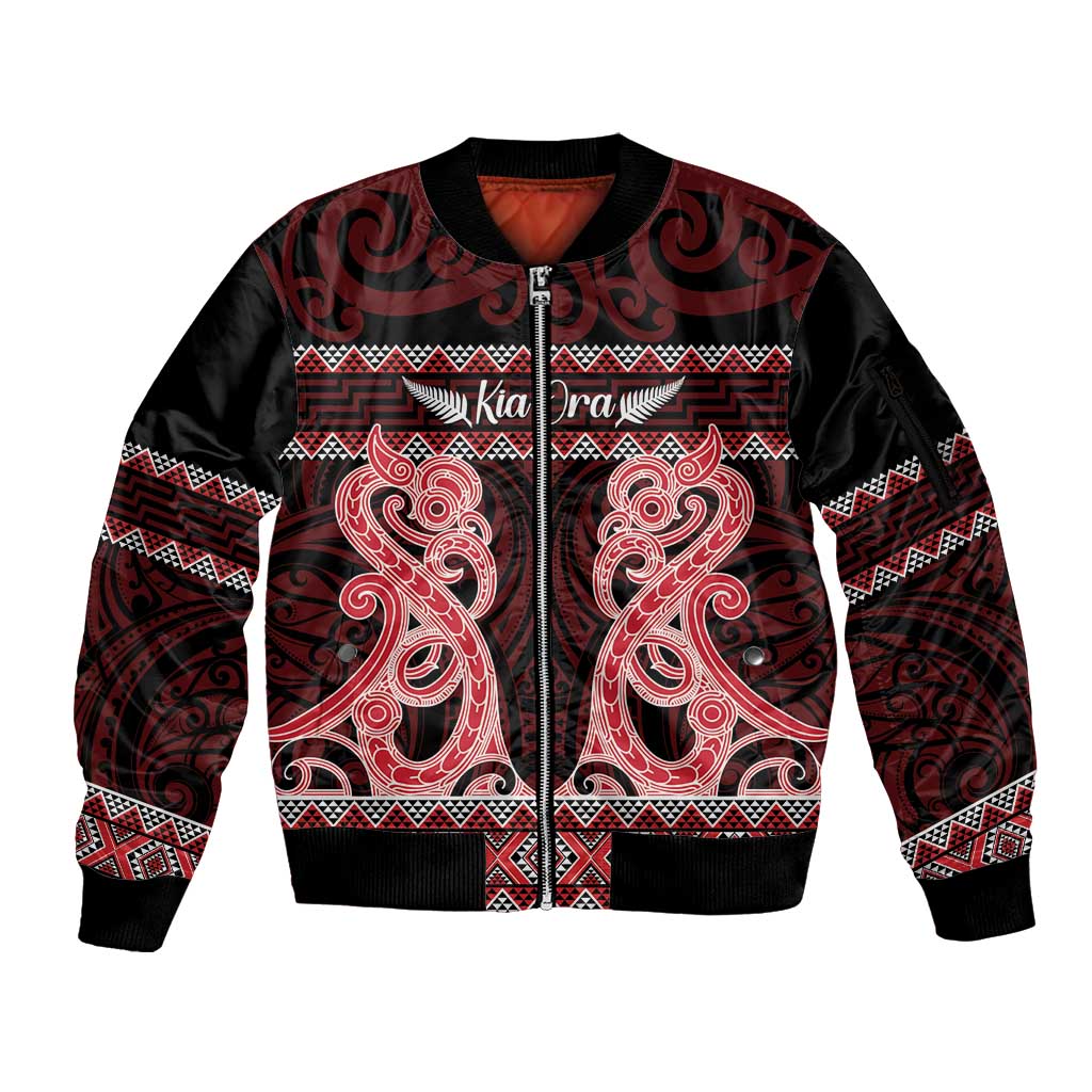 Kia Ora New Zealand Sleeve Zip Bomber Jacket Maori Language Week Whero Taniko Motif - Polynesian Pride