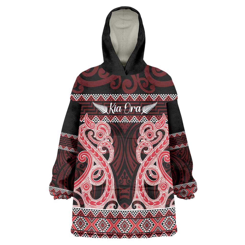 Kia Ora New Zealand Wearable Blanket Hoodie Maori Language Week Whero Taniko Motif - Polynesian Pride