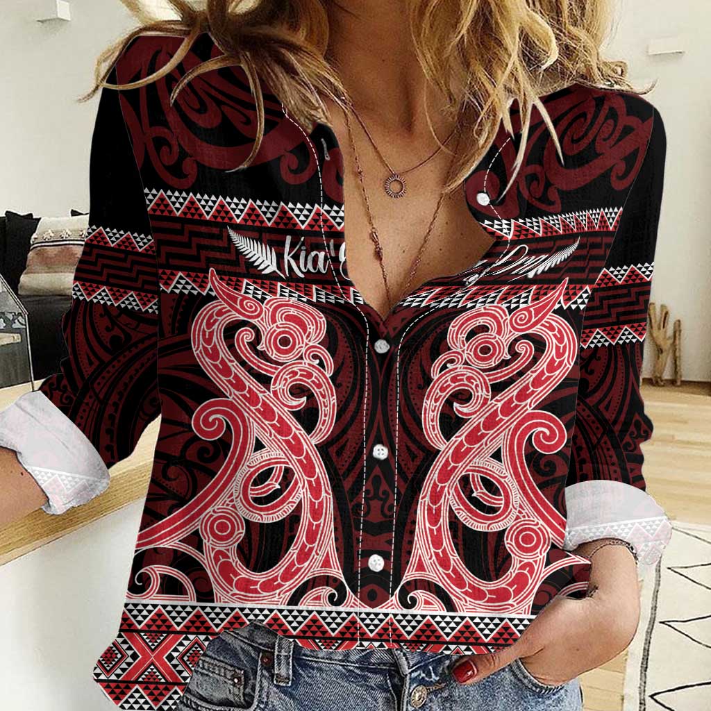 Kia Ora New Zealand Women Casual Shirt Maori Language Week Whero Taniko Motif LT14 Female Red - Polynesian Pride