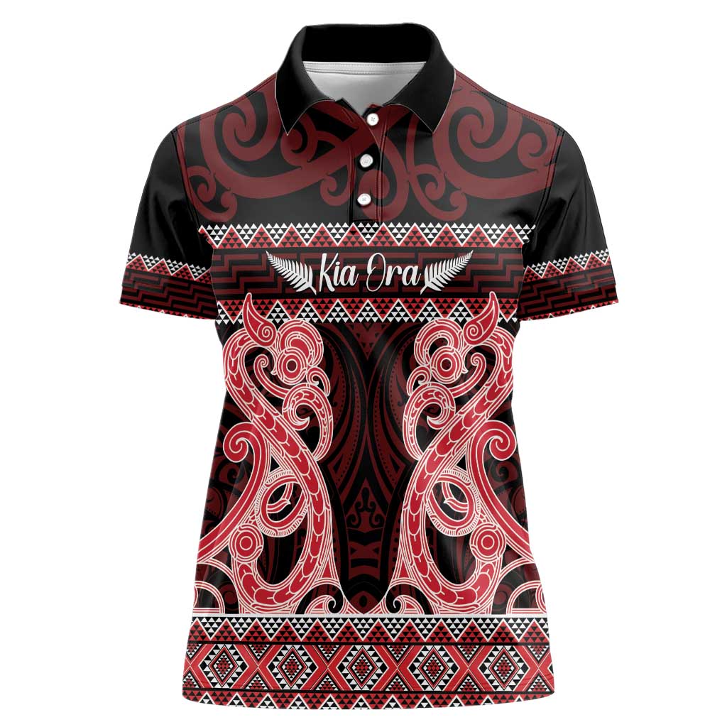 Kia Ora New Zealand Women Polo Shirt Maori Language Week Whero Taniko Motif LT14 Female Red - Polynesian Pride