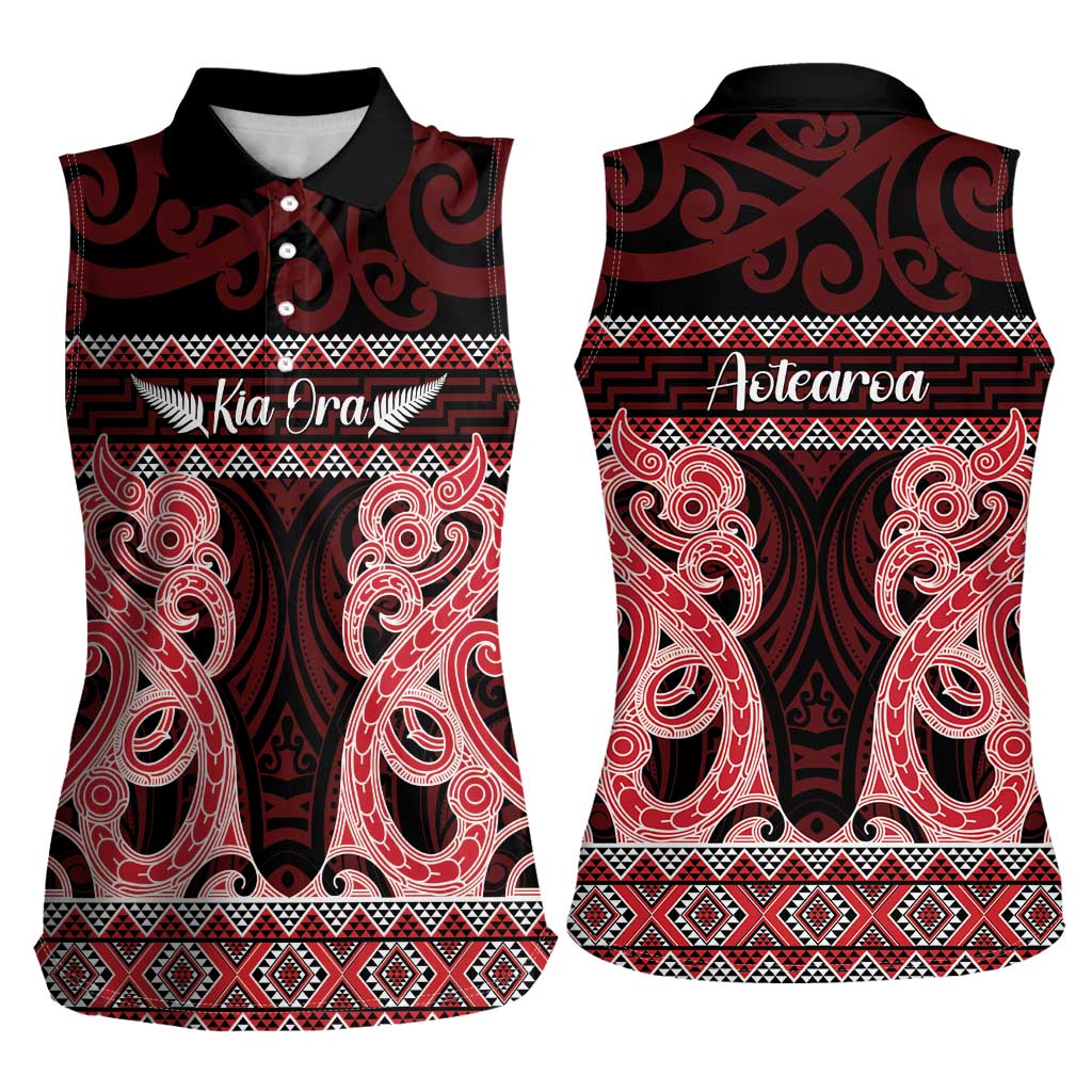 Kia Ora New Zealand Women Sleeveless Polo Shirt Maori Language Week Whero Taniko Motif LT14 - Polynesian Pride