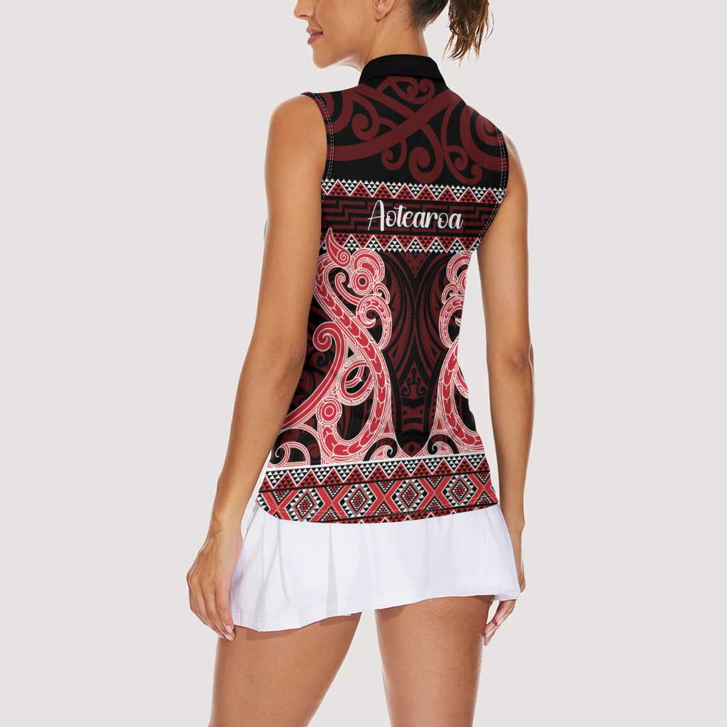 Kia Ora New Zealand Women Sleeveless Polo Shirt Maori Language Week Whero Taniko Motif LT14 - Polynesian Pride
