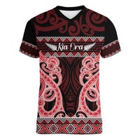 Kia Ora New Zealand Women V-Neck T-Shirt Maori Language Week Whero Taniko Motif LT14 Female Red - Polynesian Pride