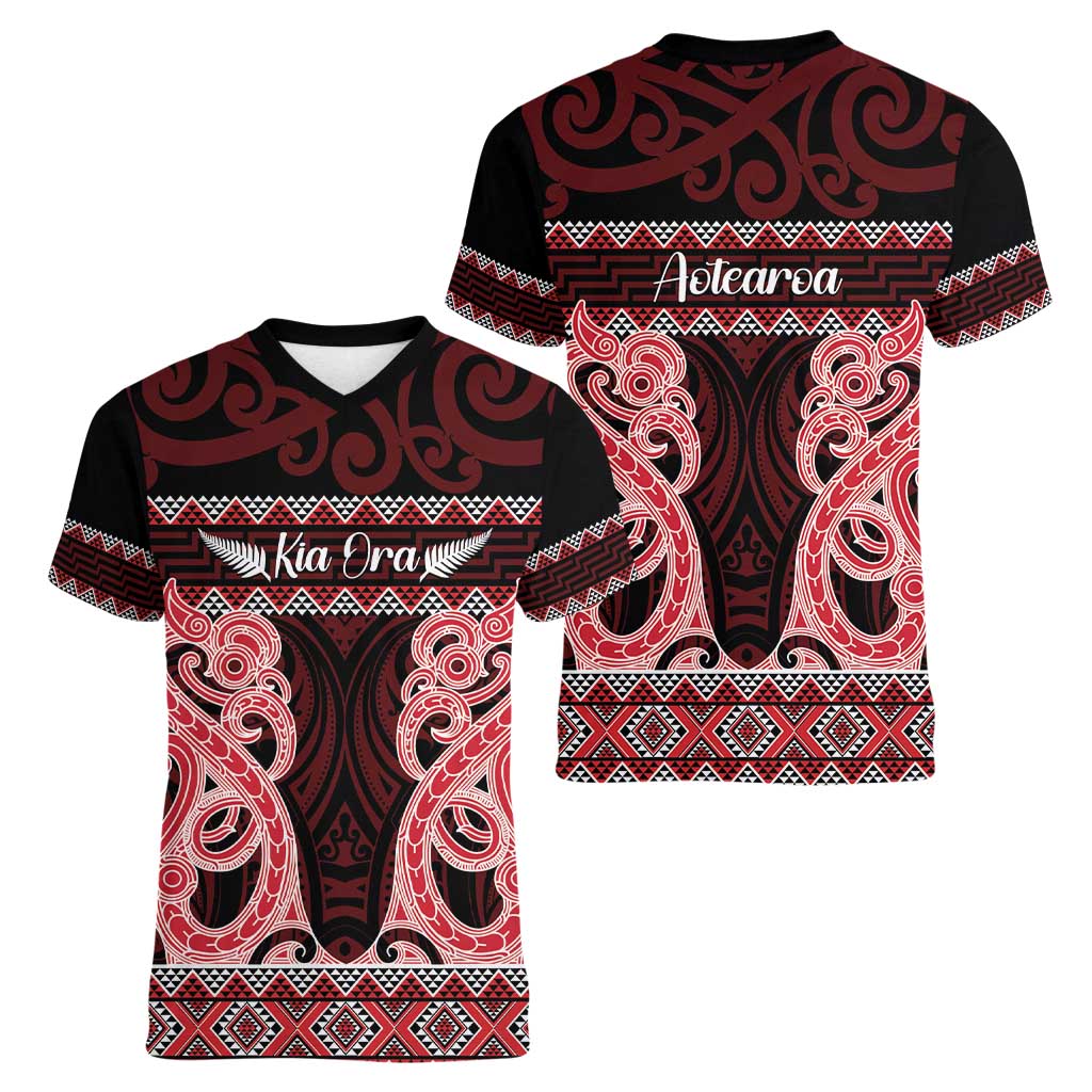 Kia Ora New Zealand Women V-Neck T-Shirt Maori Language Week Whero Taniko Motif LT14 - Polynesian Pride