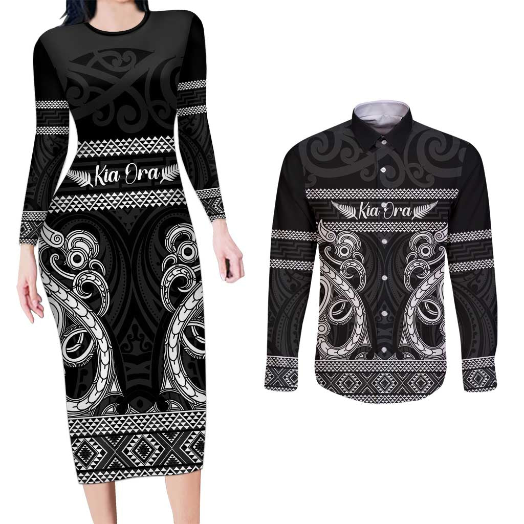 Kia Ora New Zealand Couples Matching Long Sleeve Bodycon Dress and Long Sleeve Button Shirt Maori Language Week Pango Taniko Motif LT14 Black - Polynesian Pride