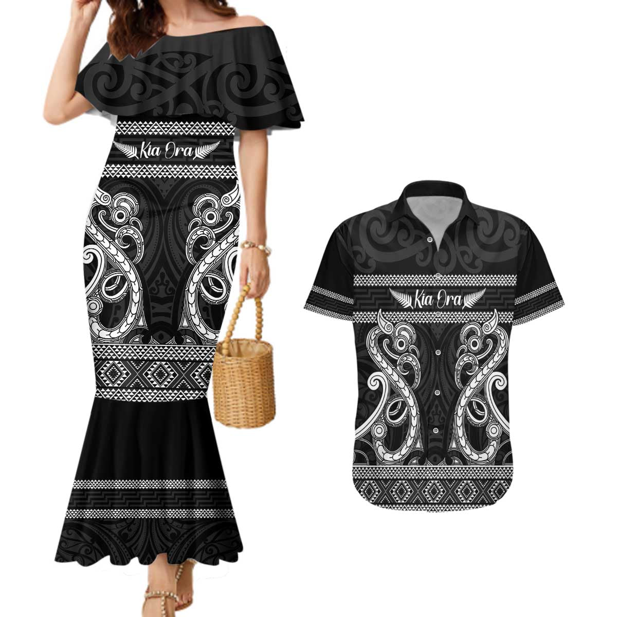 Kia Ora New Zealand Couples Matching Mermaid Dress and Hawaiian Shirt Maori Language Week Pango Taniko Motif LT14 Black - Polynesian Pride