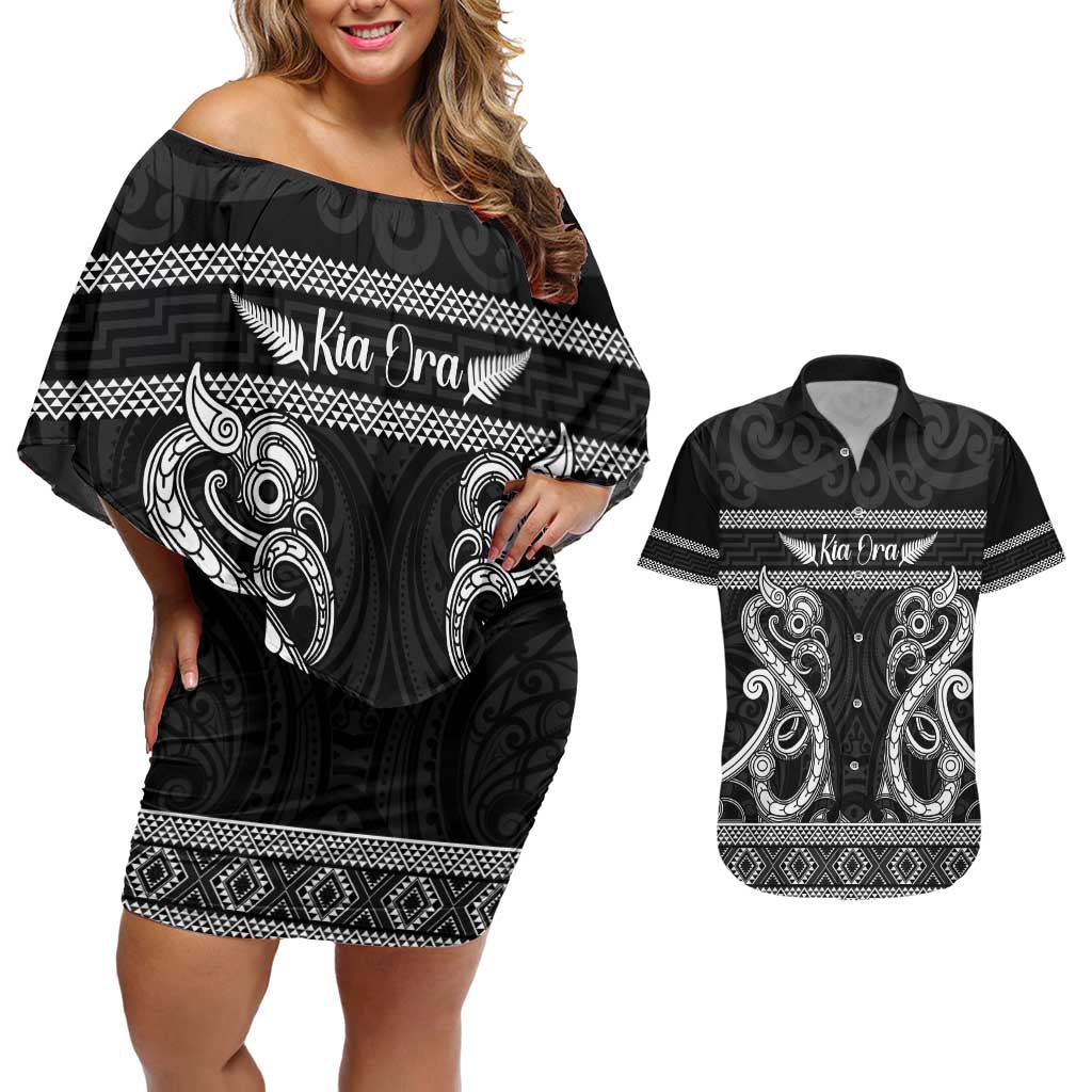 Kia Ora New Zealand Couples Matching Off Shoulder Short Dress and Hawaiian Shirt Maori Language Week Pango Taniko Motif LT14 Black - Polynesian Pride