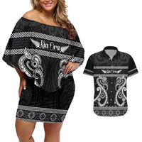 Kia Ora New Zealand Couples Matching Off Shoulder Short Dress and Hawaiian Shirt Maori Language Week Pango Taniko Motif LT14 Black - Polynesian Pride