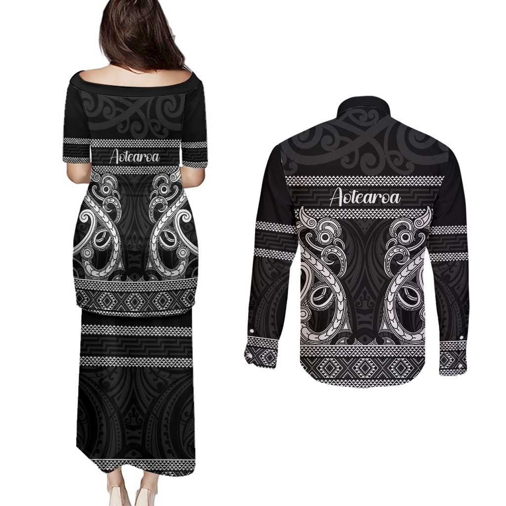 Kia Ora New Zealand Couples Matching Puletasi and Long Sleeve Button Shirt Maori Language Week Pango Taniko Motif - Polynesian Pride