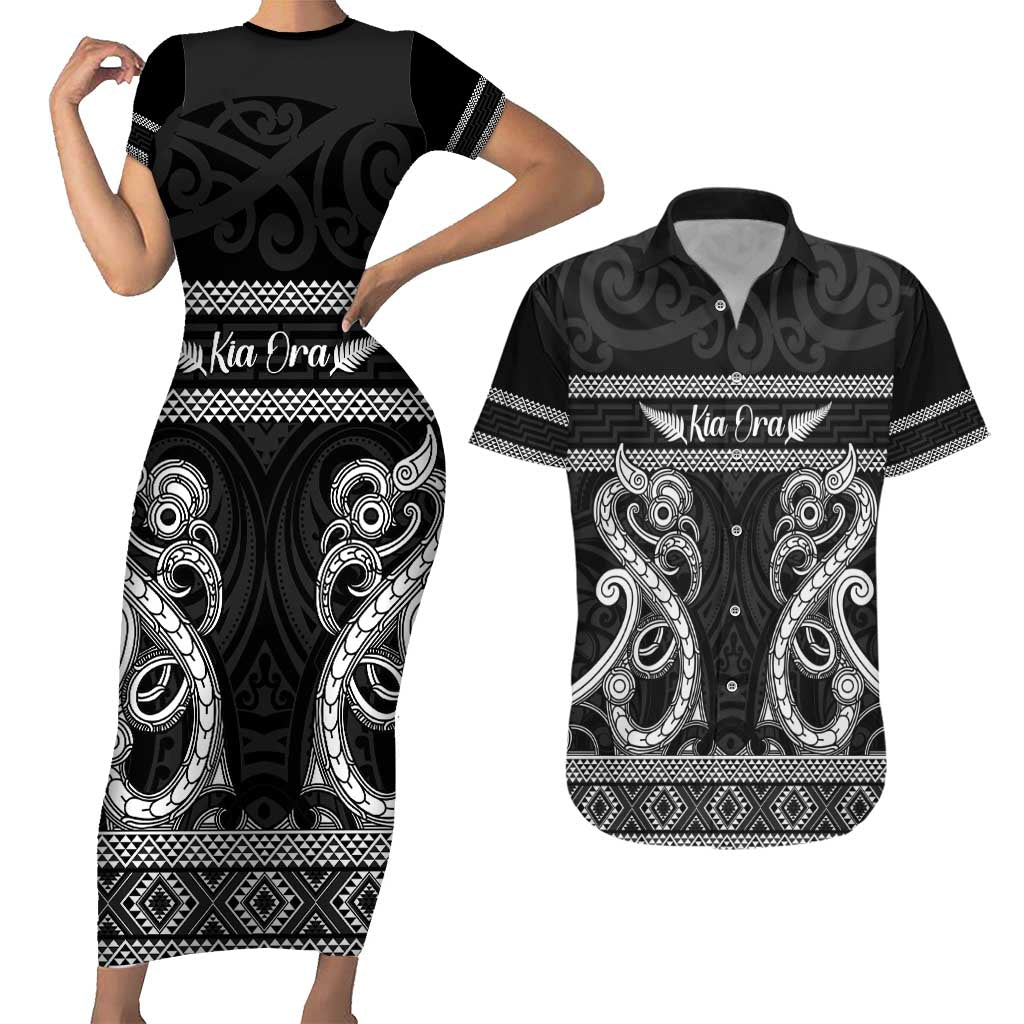 Kia Ora New Zealand Couples Matching Short Sleeve Bodycon Dress and Hawaiian Shirt Maori Language Week Pango Taniko Motif LT14 Black - Polynesian Pride