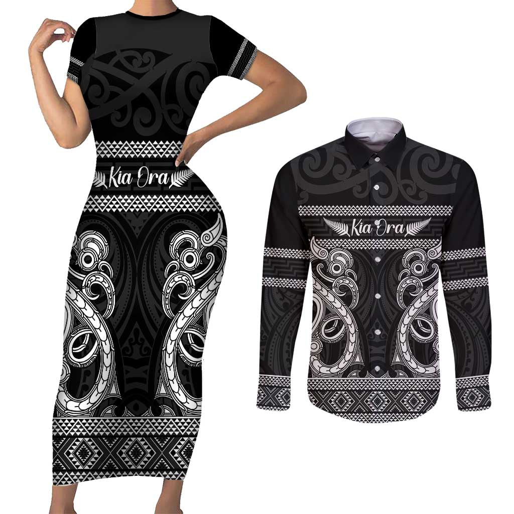 Kia Ora New Zealand Couples Matching Short Sleeve Bodycon Dress and Long Sleeve Button Shirt Maori Language Week Pango Taniko Motif LT14 Black - Polynesian Pride