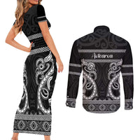 Kia Ora New Zealand Couples Matching Short Sleeve Bodycon Dress and Long Sleeve Button Shirt Maori Language Week Pango Taniko Motif LT14 - Polynesian Pride