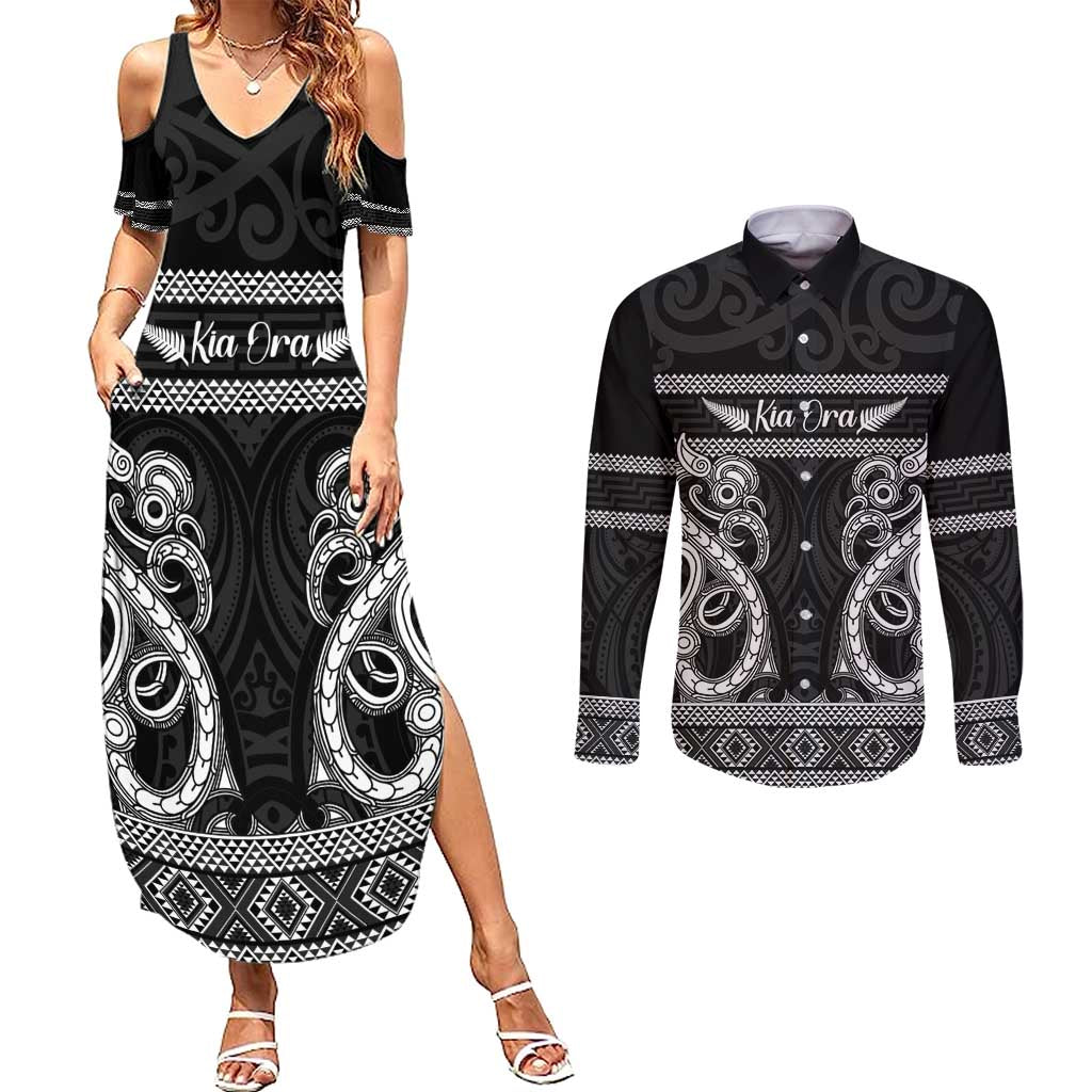 Kia Ora New Zealand Couples Matching Summer Maxi Dress and Long Sleeve Button Shirt Maori Language Week Pango Taniko Motif - Polynesian Pride