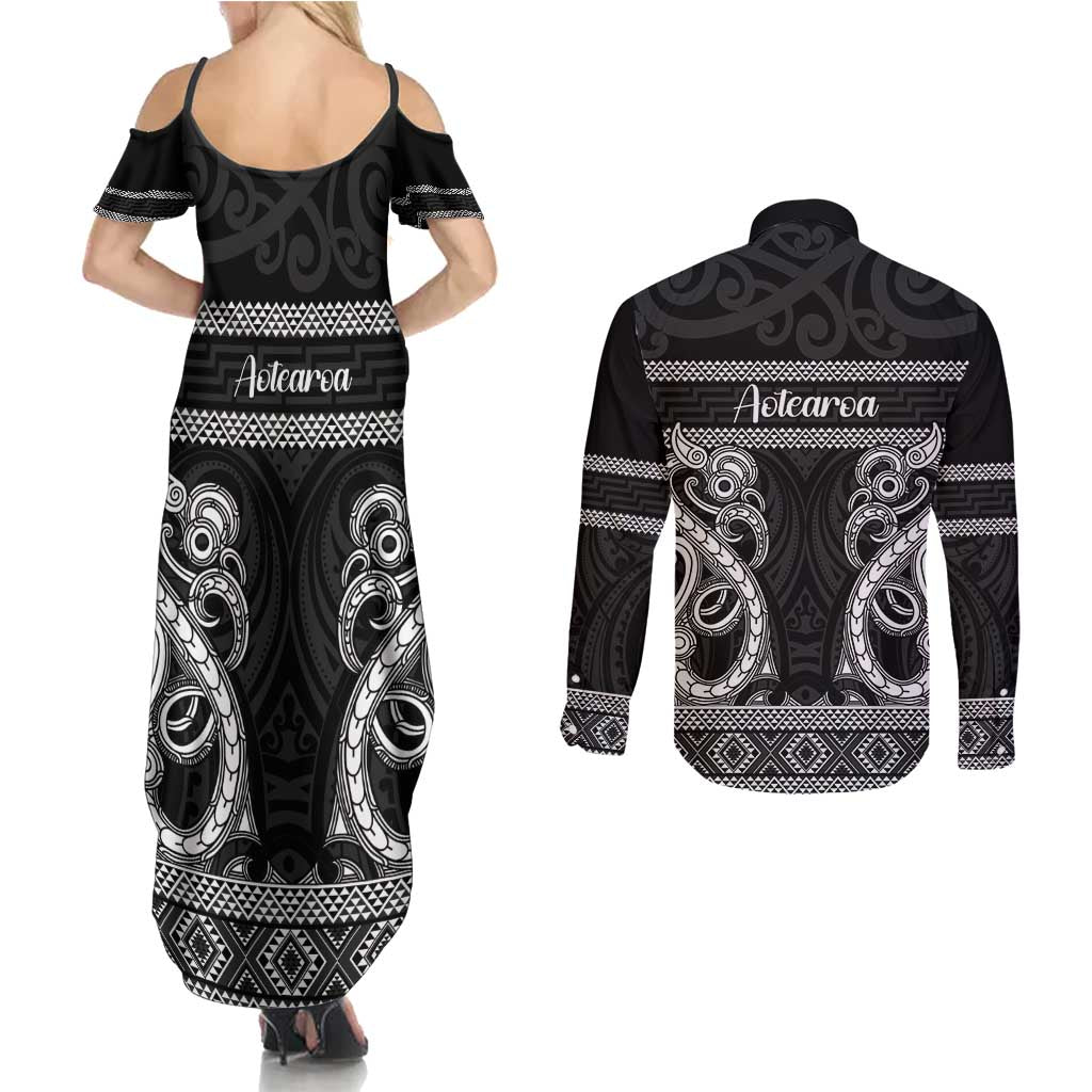 Kia Ora New Zealand Couples Matching Summer Maxi Dress and Long Sleeve Button Shirt Maori Language Week Pango Taniko Motif - Polynesian Pride