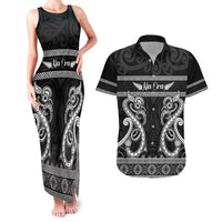 Kia Ora New Zealand Couples Matching Tank Maxi Dress and Hawaiian Shirt Maori Language Week Pango Taniko Motif LT14 Black - Polynesian Pride