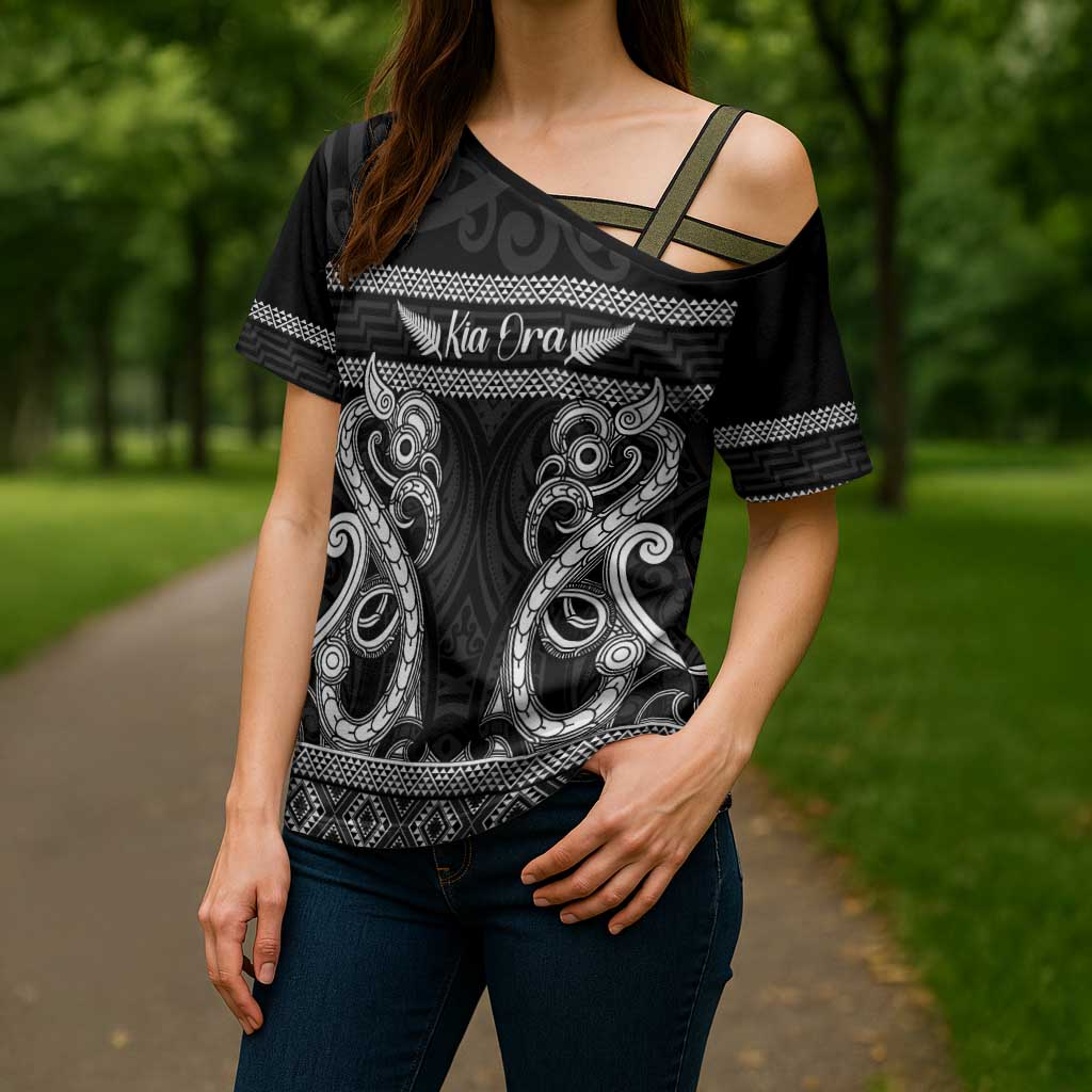 Kia Ora New Zealand Cross Shoulder Shirt Maori Language Week Pango Taniko Motif - Polynesian Pride