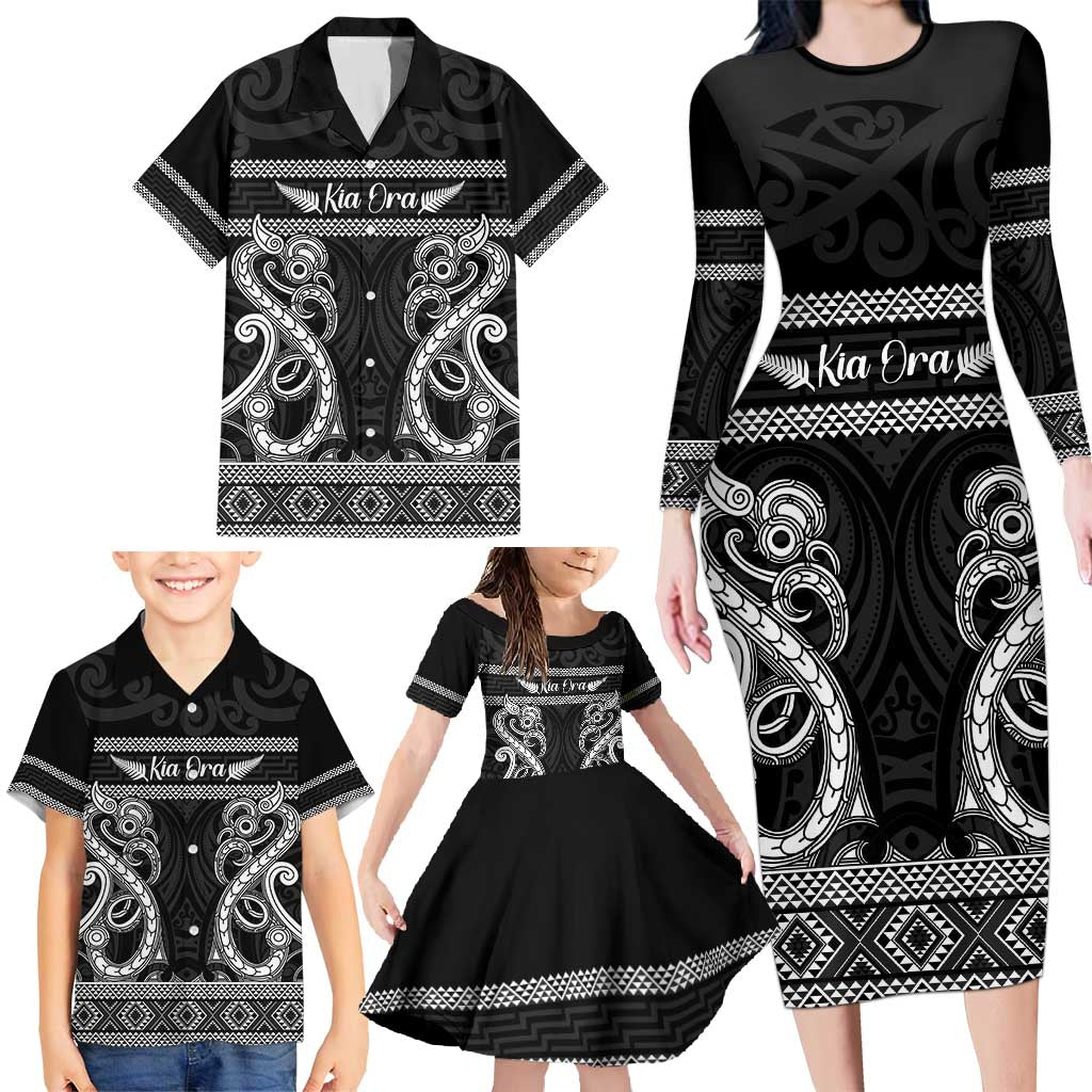 Kia Ora New Zealand Family Matching Long Sleeve Bodycon Dress and Hawaiian Shirt Maori Language Week Pango Taniko Motif LT14 - Polynesian Pride