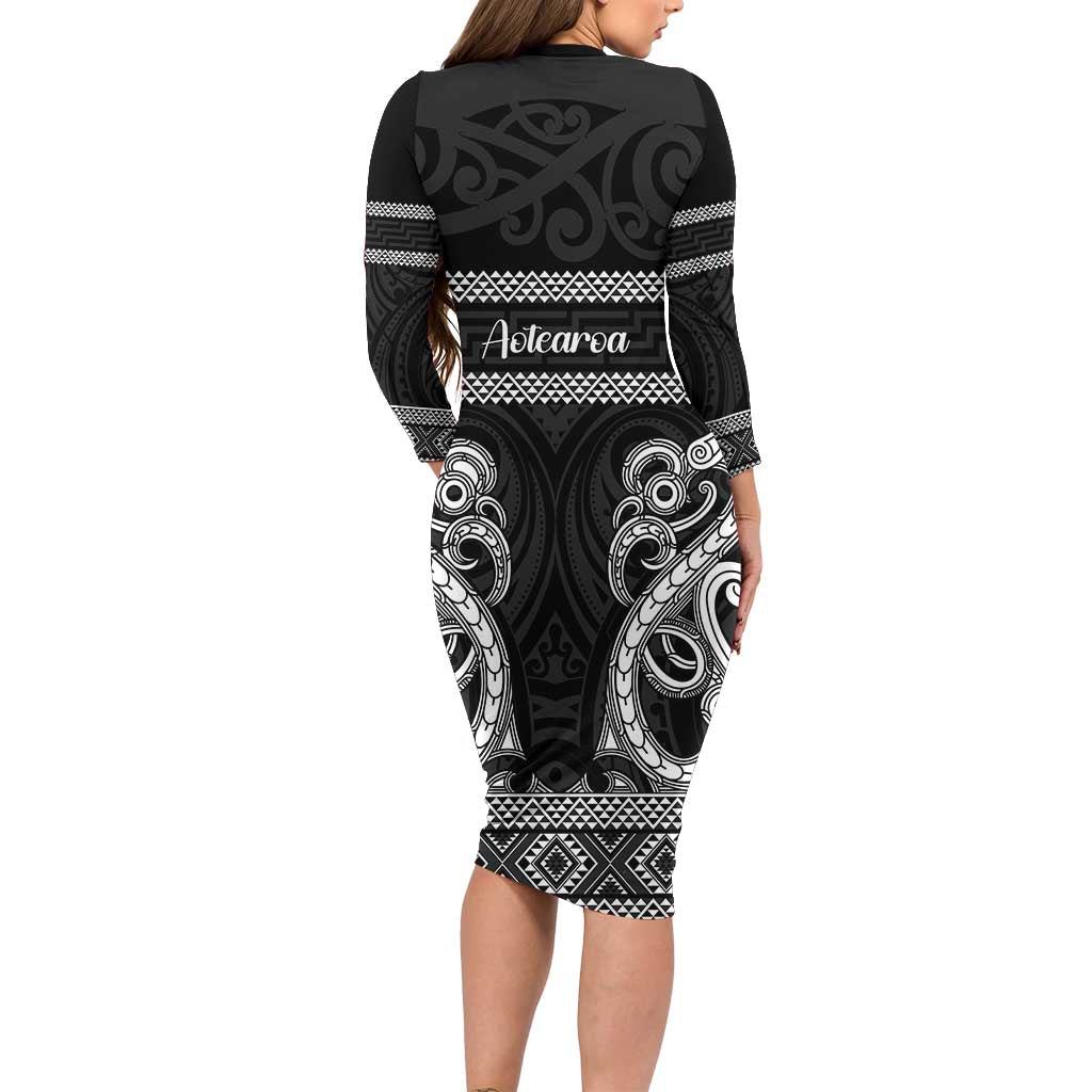 Kia Ora New Zealand Family Matching Long Sleeve Bodycon Dress and Hawaiian Shirt Maori Language Week Pango Taniko Motif LT14 - Polynesian Pride
