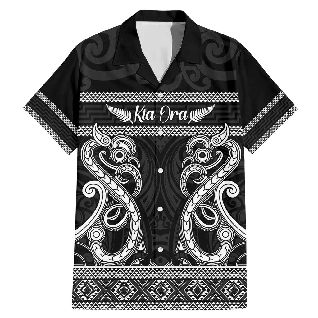 Kia Ora New Zealand Family Matching Mermaid Dress and Hawaiian Shirt Maori Language Week Pango Taniko Motif LT14 Dad's Shirt - Short Sleeve Black - Polynesian Pride