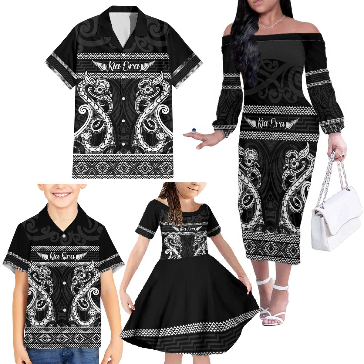 Kia Ora New Zealand Family Matching Off The Shoulder Long Sleeve Dress and Hawaiian Shirt Maori Language Week Pango Taniko Motif LT14 - Polynesian Pride