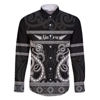 Kia Ora New Zealand Family Matching Off The Shoulder Long Sleeve Dress and Hawaiian Shirt Maori Language Week Pango Taniko Motif LT14 Dad's Shirt - Long Sleeve Black - Polynesian Pride