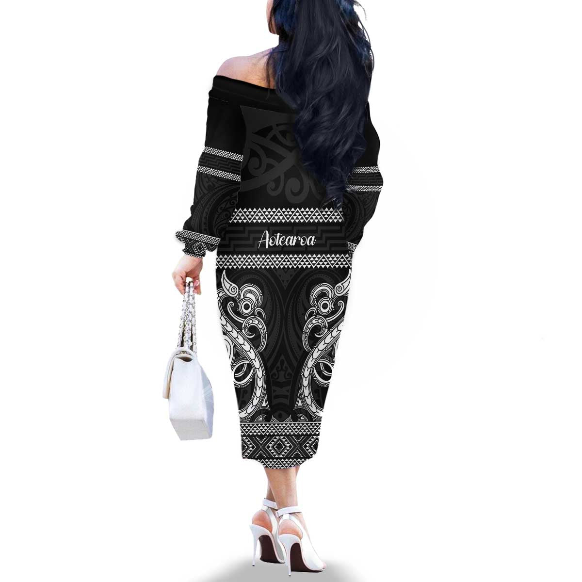 Kia Ora New Zealand Family Matching Off The Shoulder Long Sleeve Dress and Hawaiian Shirt Maori Language Week Pango Taniko Motif LT14 - Polynesian Pride
