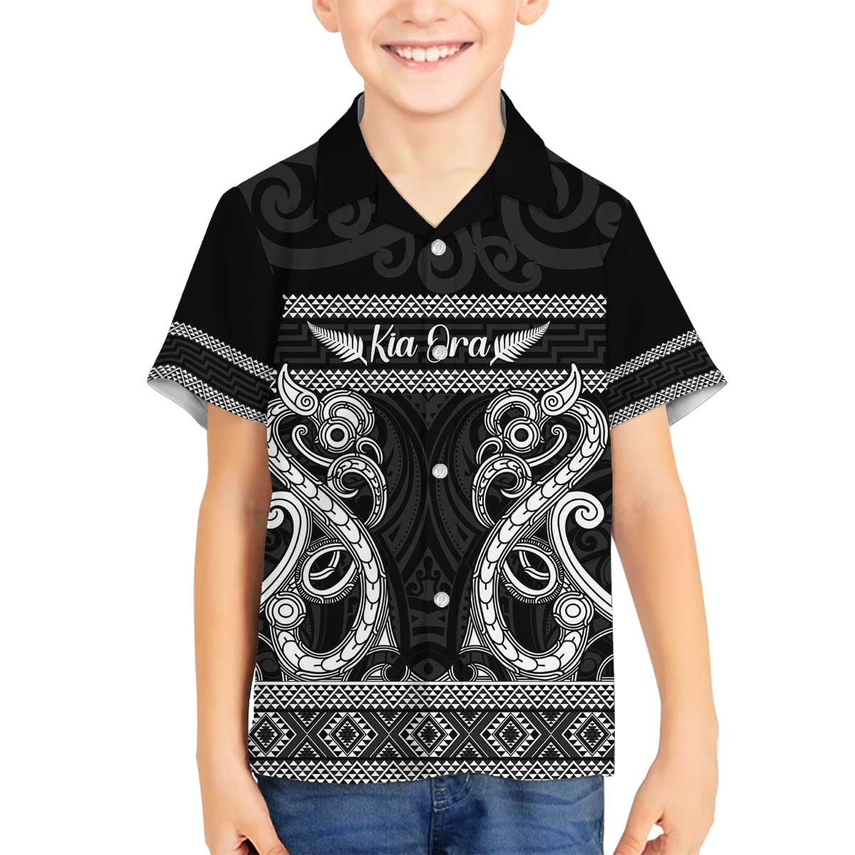 Kia Ora New Zealand Family Matching Off The Shoulder Long Sleeve Dress and Hawaiian Shirt Maori Language Week Pango Taniko Motif LT14 Son's Shirt Black - Polynesian Pride