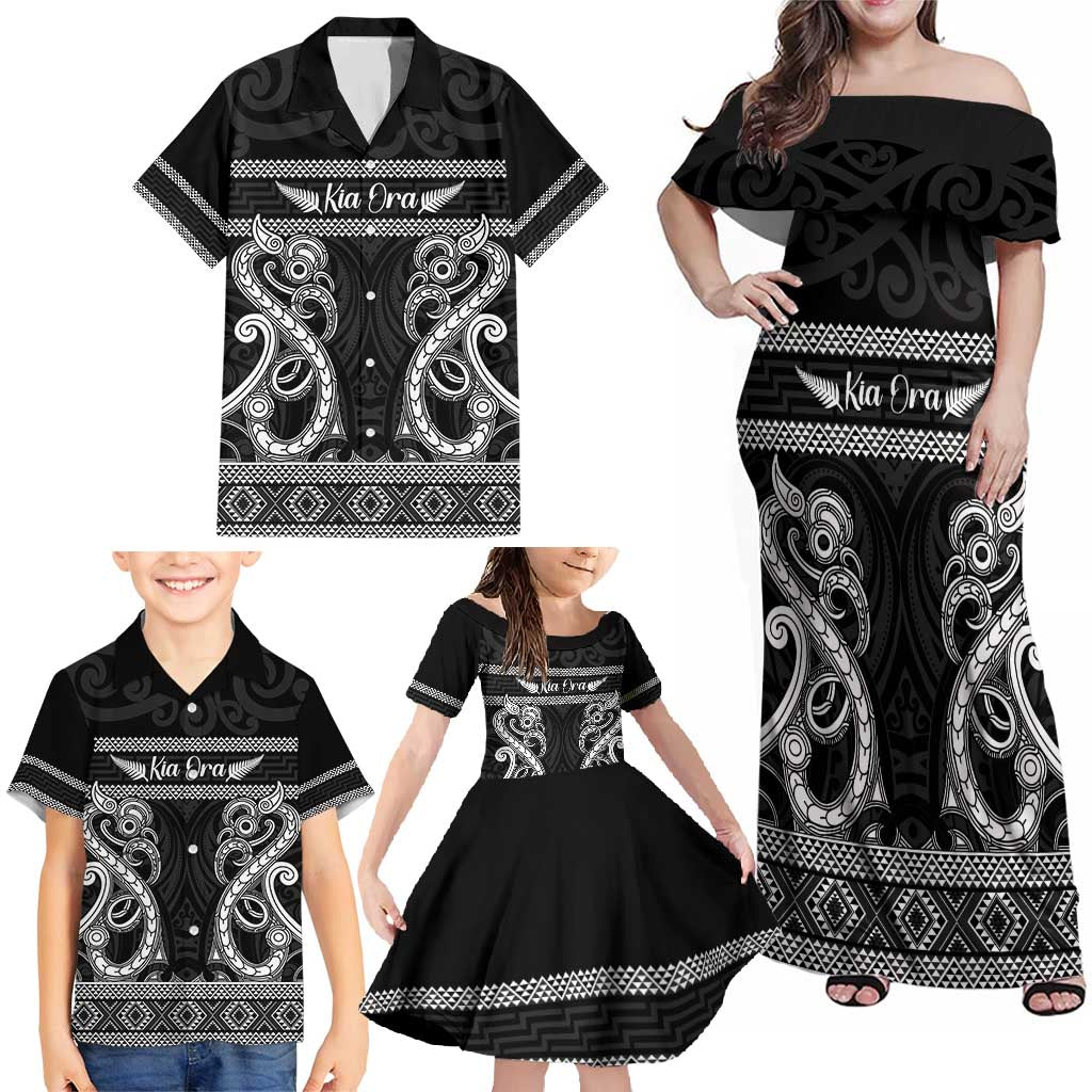 Kia Ora New Zealand Family Matching Off Shoulder Maxi Dress and Hawaiian Shirt Maori Language Week Pango Taniko Motif - Polynesian Pride