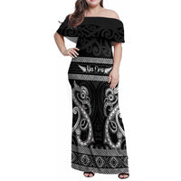 Kia Ora New Zealand Family Matching Off Shoulder Maxi Dress and Hawaiian Shirt Maori Language Week Pango Taniko Motif LT14 Mom's Dress Black - Polynesian Pride