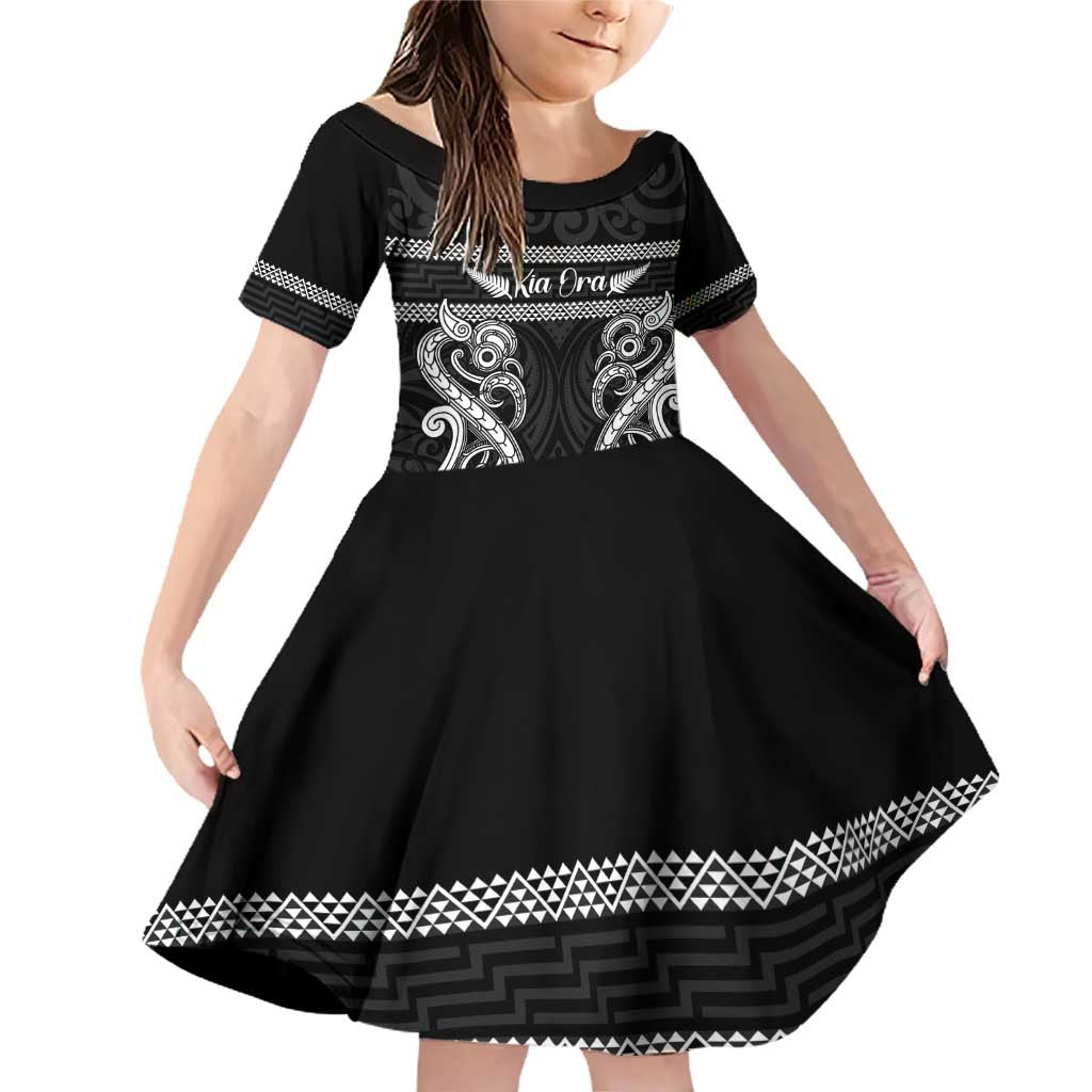 Kia Ora New Zealand Family Matching Off Shoulder Short Dress and Hawaiian Shirt Maori Language Week Pango Taniko Motif LT14 Daughter's Dress Black - Polynesian Pride