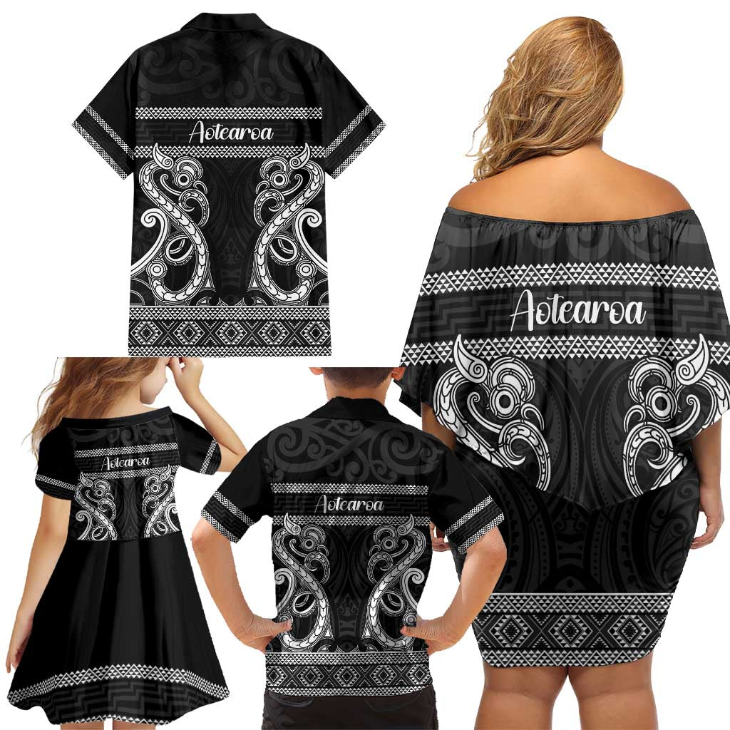 Kia Ora New Zealand Family Matching Off Shoulder Short Dress and Hawaiian Shirt Maori Language Week Pango Taniko Motif LT14 - Polynesian Pride