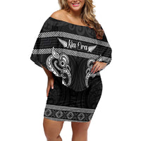 Kia Ora New Zealand Family Matching Off Shoulder Short Dress and Hawaiian Shirt Maori Language Week Pango Taniko Motif LT14 Mom's Dress Black - Polynesian Pride