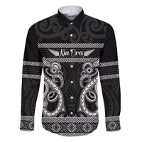 Kia Ora New Zealand Family Matching Puletasi and Hawaiian Shirt Maori Language Week Pango Taniko Motif LT14 Dad's Shirt - Long Sleeve Black - Polynesian Pride