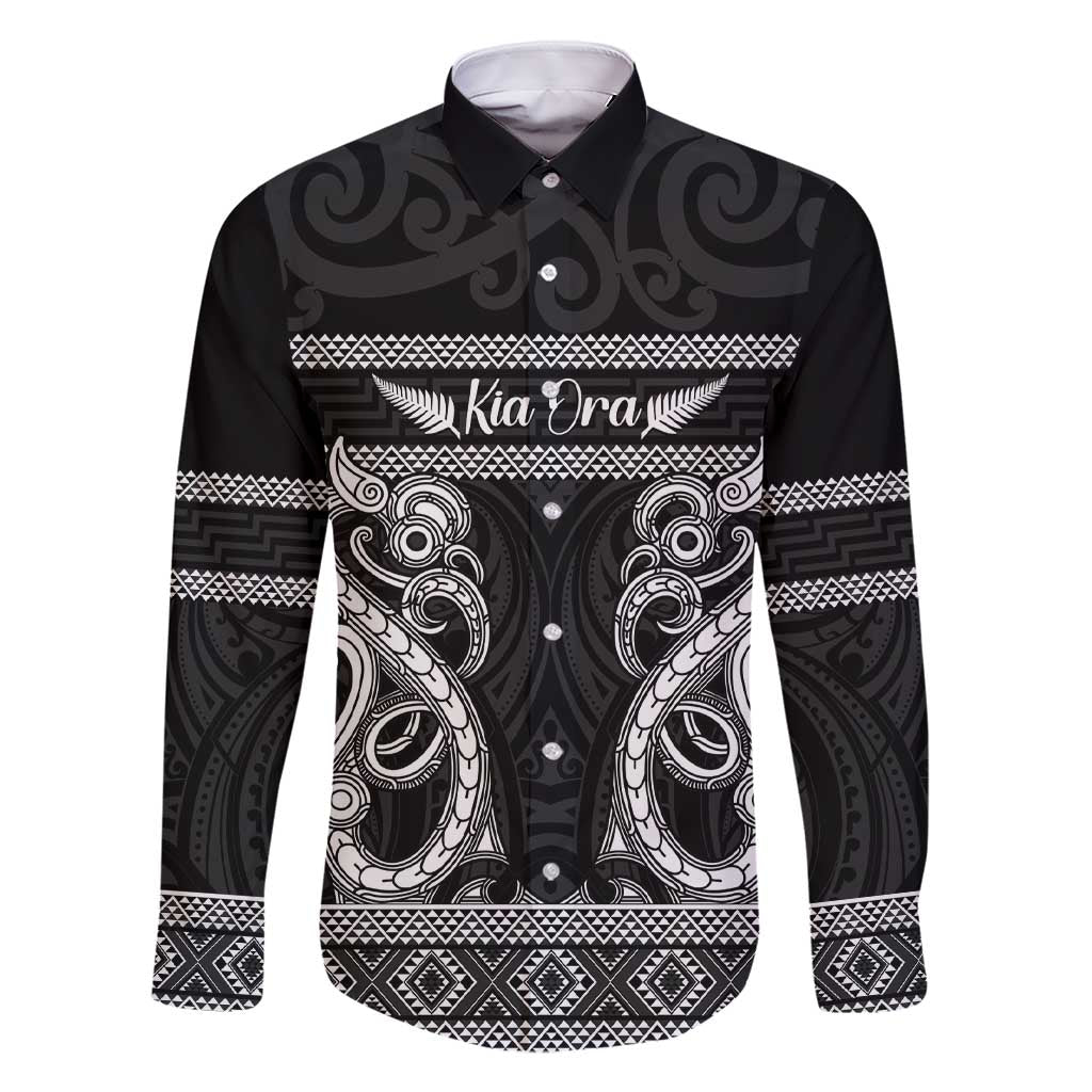 Kia Ora New Zealand Family Matching Short Sleeve Bodycon Dress and Hawaiian Shirt Maori Language Week Pango Taniko Motif LT14 Dad's Shirt - Long Sleeve Black - Polynesian Pride